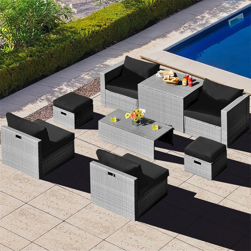 8-Piece Patio Wicker Furniture Set Outdoor Rattan Conversation Set with Storage Box