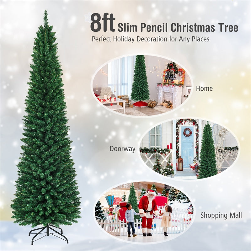 8ft Artificial Christmas Tree Slim Pencil Xmas Tree with Foldable Metal Stand
