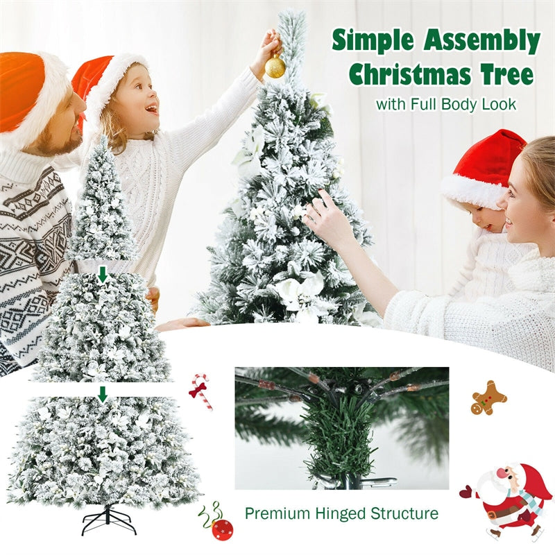 8ft Snow Flocked Hinged Artificial Christmas Tree with Berries and Poinsettia Flowers