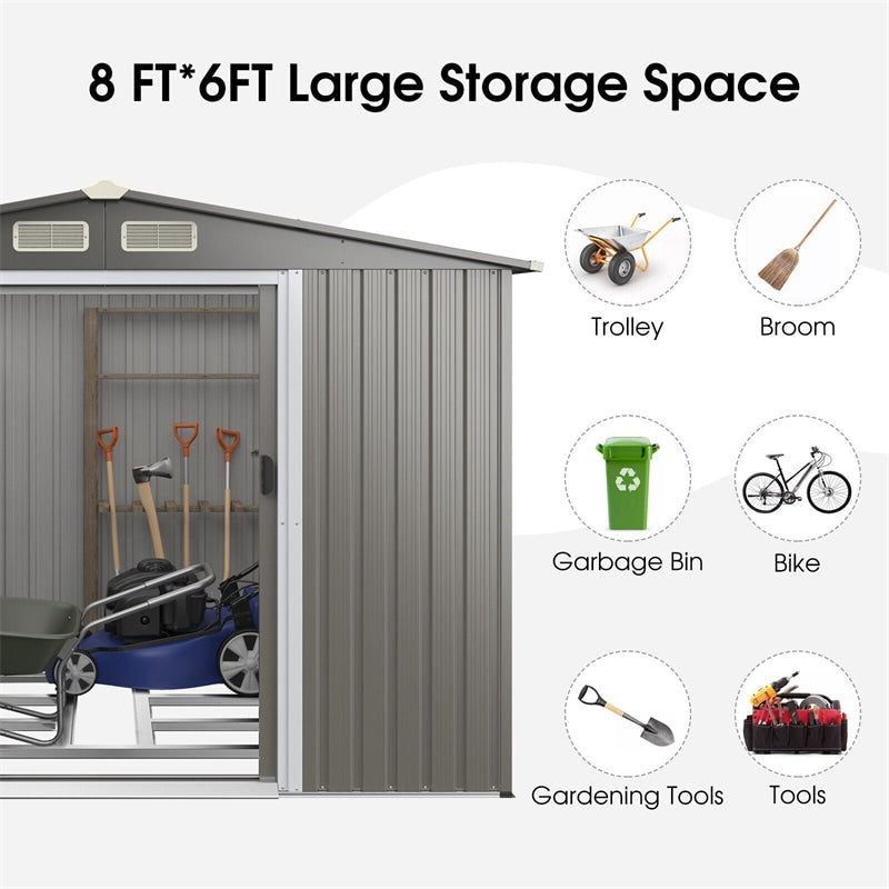 8' x 6' Outdoor Storage Shed Galvanized Steel Garden Tool House with Foundation, 4 Louvers, Double Doors & Ramp for Lawn Yard