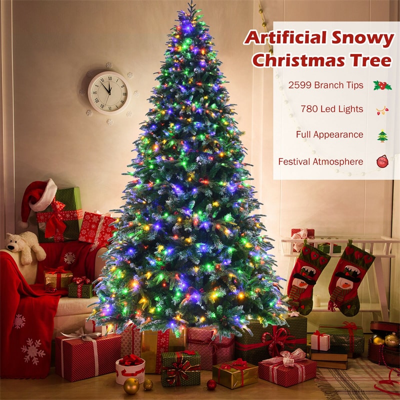 9FT Pre-Lit Artificial Christmas Tree Realistic Hinged Snowy Pine Xmas Tree with 780 Color Changing LED Lights & 11 Flash Modes