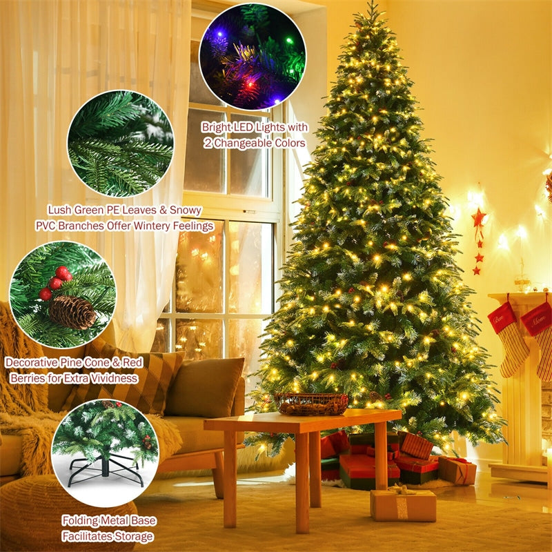 9FT Pre-Lit Artificial Christmas Tree Realistic Hinged Snowy Pine Xmas Tree with 780 Color Changing LED Lights & 11 Flash Modes