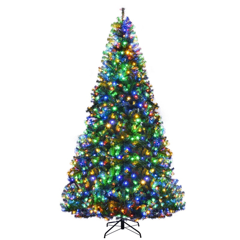 9FT Pre-lit Christmas Tree Hinged Artificial Xmas Tree 2944 PVC Branch with Multicolored 1000 LED Lights & Metal Stand