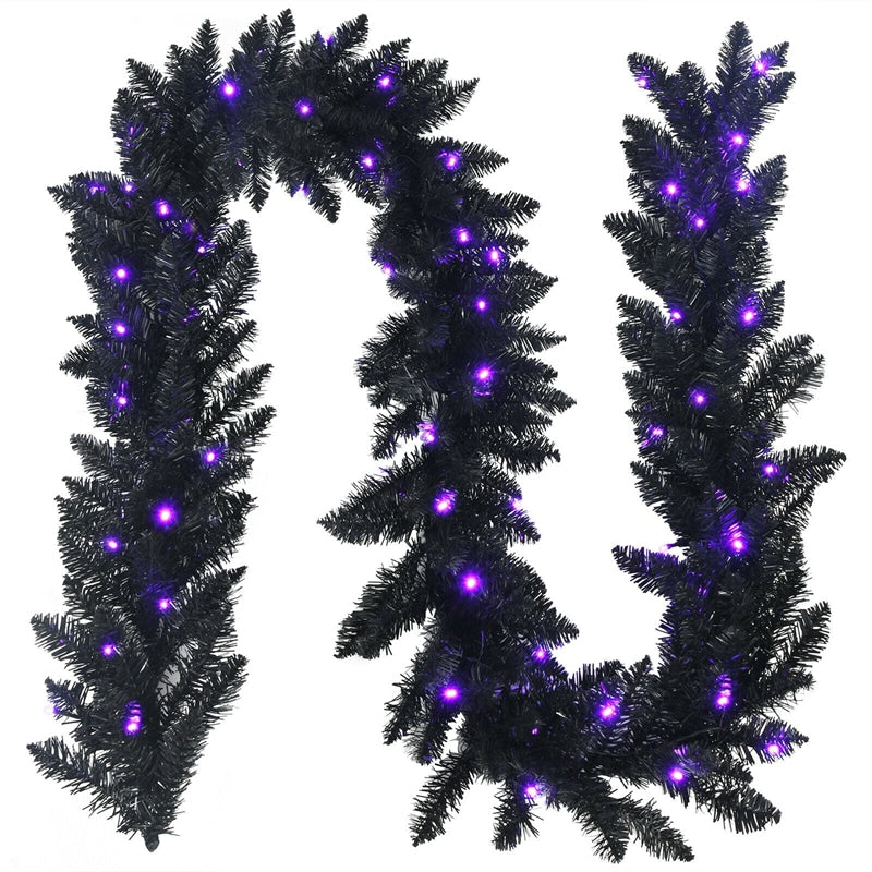9FT Pre-lit Black Halloween Garland Artificial Christmas Garland with 50 Purple LED Lights