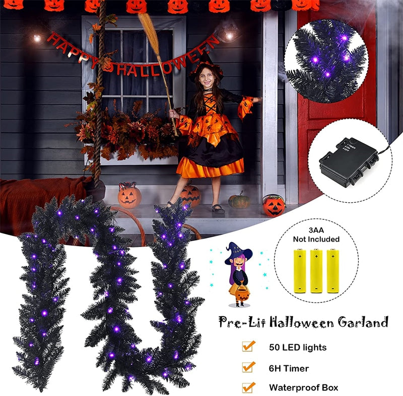 9FT Pre-lit Black Halloween Garland Artificial Christmas Garland with 50 Purple LED Lights