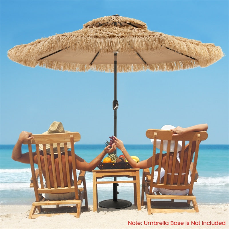 9FT Thatched Tiki Patio Umbrella with 32 Solar LED Lights, 2 Tier Hawaiian Style Grass Beach Umbrella with 8 Ribs & Tilt Adjustment for Pool, Backyard