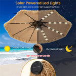 9FT Thatched Tiki Patio Umbrella with 32 Solar LED Lights, 2 Tier Hawaiian Style Grass Beach Umbrella with 8 Ribs & Tilt Adjustment for Pool, Backyard