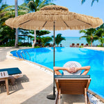 9FT Thatched Tiki Patio Umbrella with 32 Solar LED Lights, 2 Tier Hawaiian Style Grass Beach Umbrella with 8 Ribs & Tilt Adjustment for Pool, Backyard