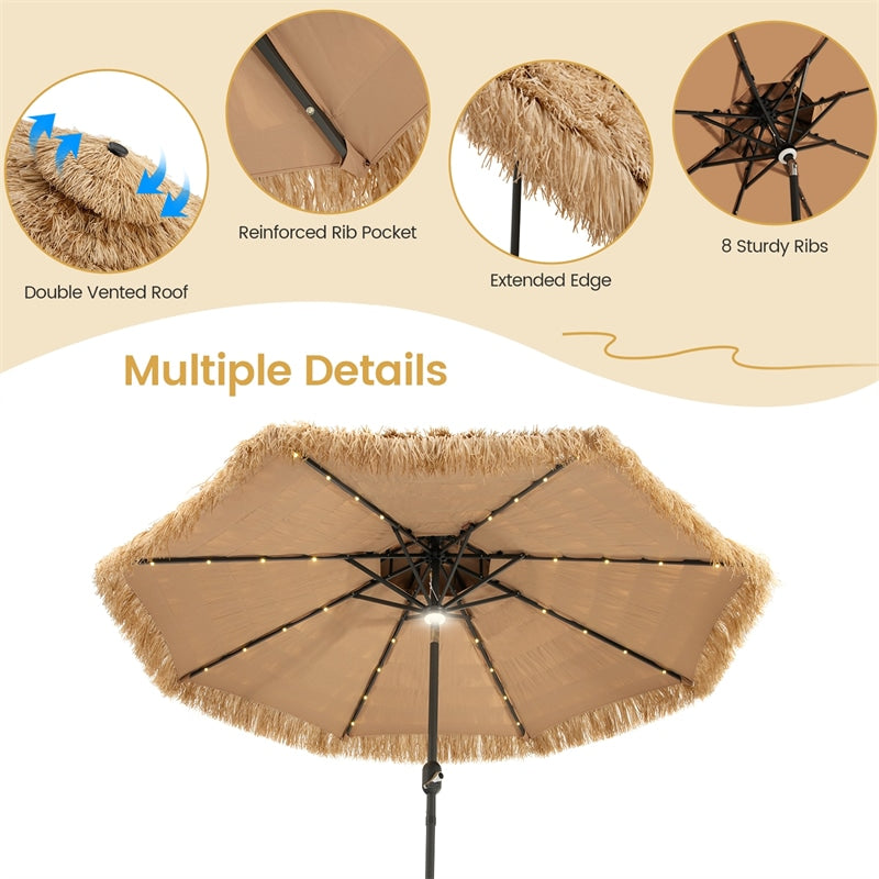 9FT Thatched Tiki Patio Umbrella with 32 Solar LED Lights, 2 Tier Hawaiian Style Grass Beach Umbrella with 8 Ribs & Tilt Adjustment for Pool, Backyard