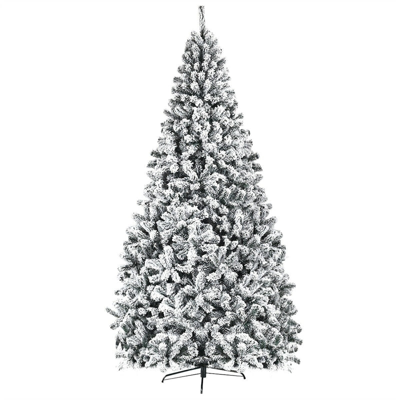 9FT Snow Flocked Christmas Tree Unlit Artificial Wrapped Xmas Tree with 1498 PVC Branch Tips