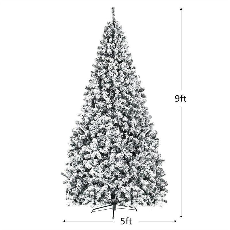 9FT Snow Flocked Christmas Tree Unlit Artificial Wrapped Xmas Tree with 1498 PVC Branch Tips