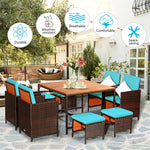 9 Pcs Outdoor Acacia Wood Patio Rattan Dining Set with Wicker Chairs & Umbrella Hole