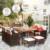 9 Pcs Outdoor Acacia Wood Patio Rattan Dining Set with Wicker Chairs & Umbrella Hole