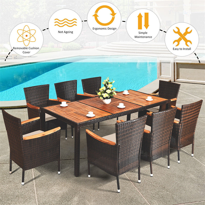 9 Pcs Outdoor Rattan Patio Dining Set Acacia Wood Wicker Garden Furniture Set with 8 Stackable Wicker Dining Chairs & Cushions