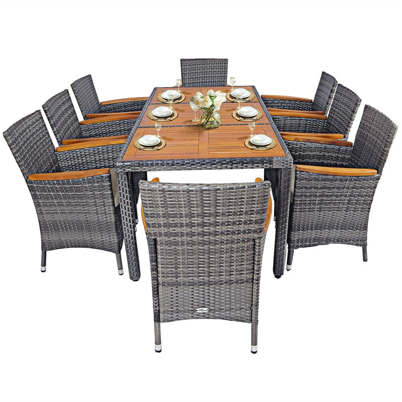 9 Piece Rattan Patio Dining Set Wicker Garden Furniture Set with Acacia Wood Table Top & Cushioned Chairs
