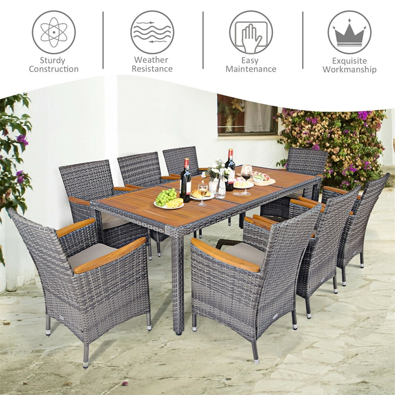 9 Piece Rattan Patio Dining Set Wicker Garden Furniture Set with Acacia Wood Table Top & Cushioned Chairs