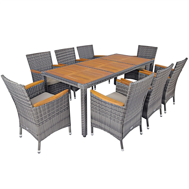 9 Piece Rattan Patio Dining Set Wicker Garden Furniture Set with Acacia Wood Table Top & Cushioned Chairs