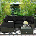 5 Piece Wicker Patio Rattan Furniture Set Outdoor Sectional Sofa with Glass Table & Cushions
