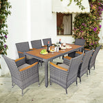 9 Piece Rattan Patio Dining Set Wicker Garden Furniture Set with Acacia Wood Table Top & Cushioned Chairs