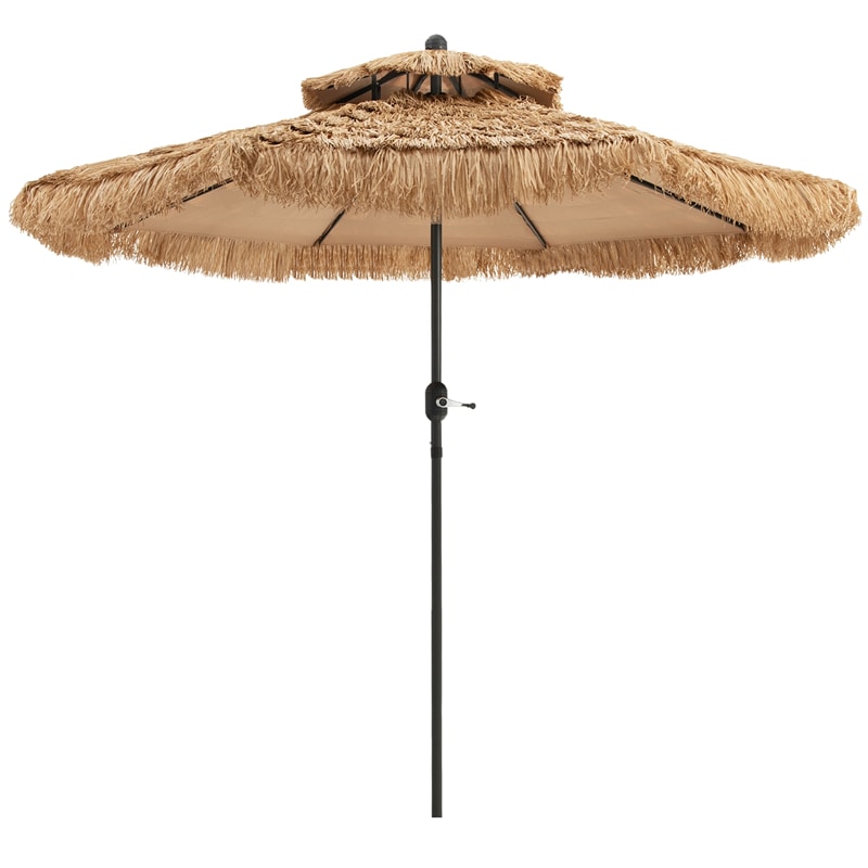 9 ft 2-Tier Thatched Patio Umbrella Hawaiian Style Grass Beach Umbrella with Crank Handle