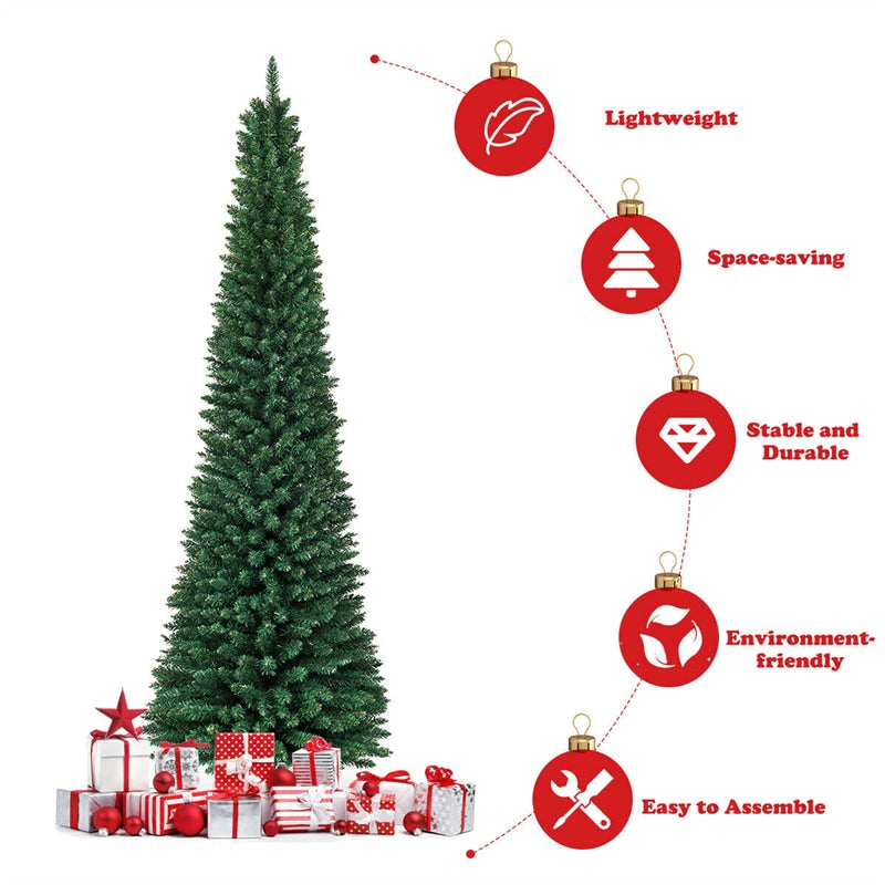 9ft PVC Artificial Slim Pencil Christmas Tree with Foldable Metal Stand