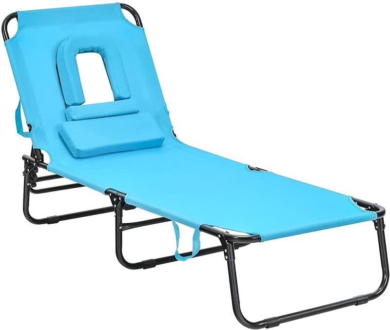 Folding Beach Lounge Chair Adjustable Reclining Chair Face Down Tanning Chair with Removable Pillows