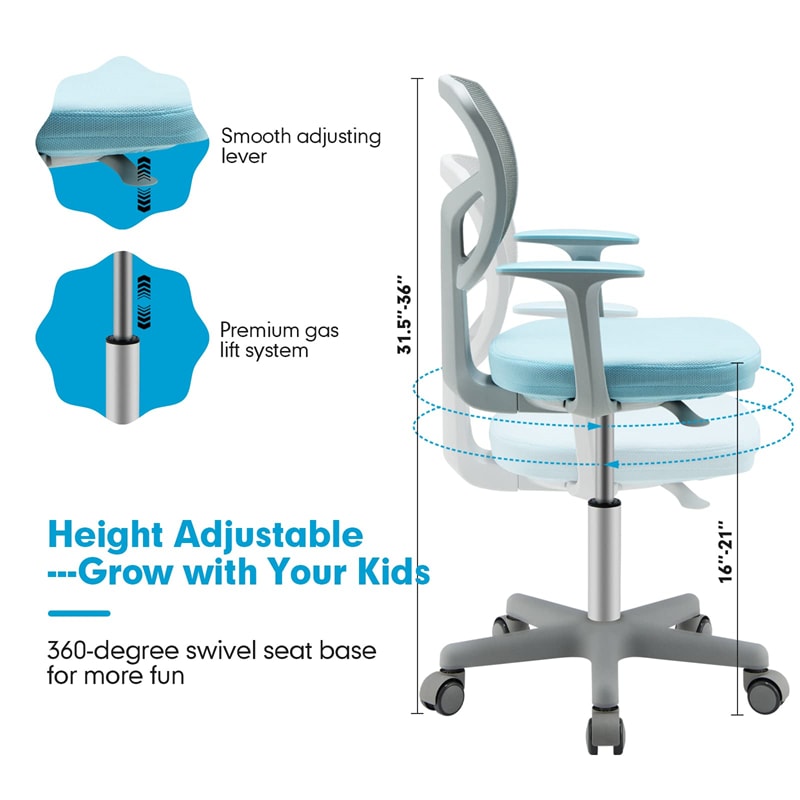 Adjustable Kids Desk Chair Children Swivel Study Computer Chair with Lumbar Support & Sit-Brake Casters