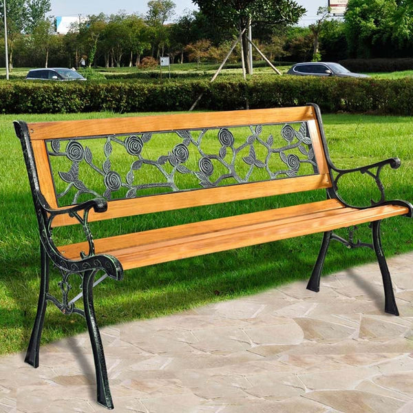 50" Outdoor Park Garden Bench Porch Path Chair Rose Cast Iron Hardwood Frame Porch Loveseat - Bestoutdor