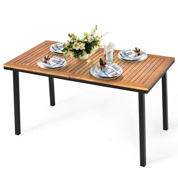 55" Acacia Wood Outdoor Dining Table Rectangle Patio Dining Table with Umbrella Hole & Acacia Wood Top - Bestoutdor