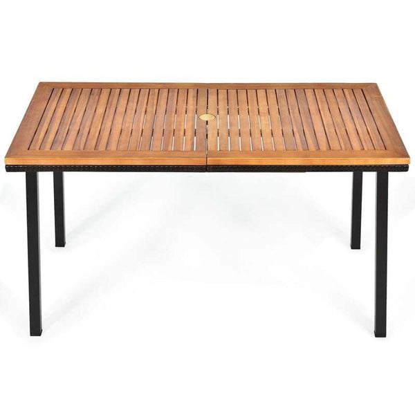 55" Acacia Wood Outdoor Dining Table Rectangle Patio Dining Table with Umbrella Hole & Acacia Wood Top - Bestoutdor