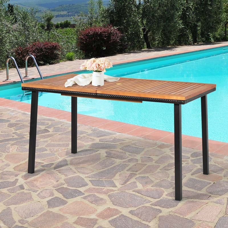 55" Acacia Wood Outdoor Dining Table Rectangle Patio Dining Table with Umbrella Hole & Acacia Wood Top