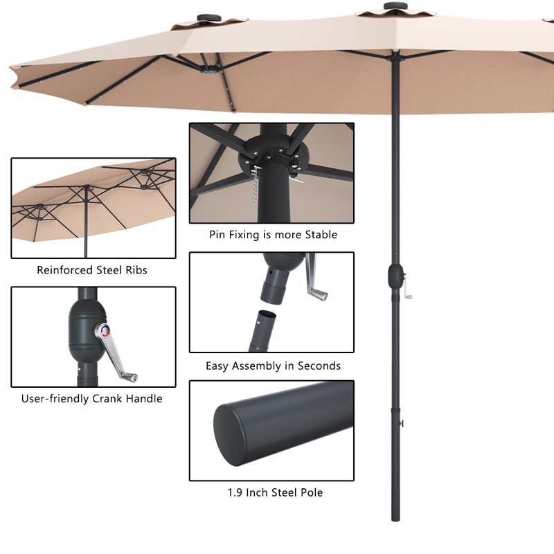 15 Ft Solar LED Patio Double Sided Umbrella