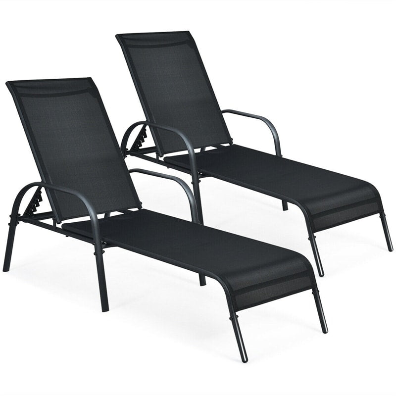 2 Pack Outdoor Sling Chaise Lounges Patio Lounge Chairs Sunbathing Chairs with 5 Adjustable Backrests & Sturdy Steel Frames