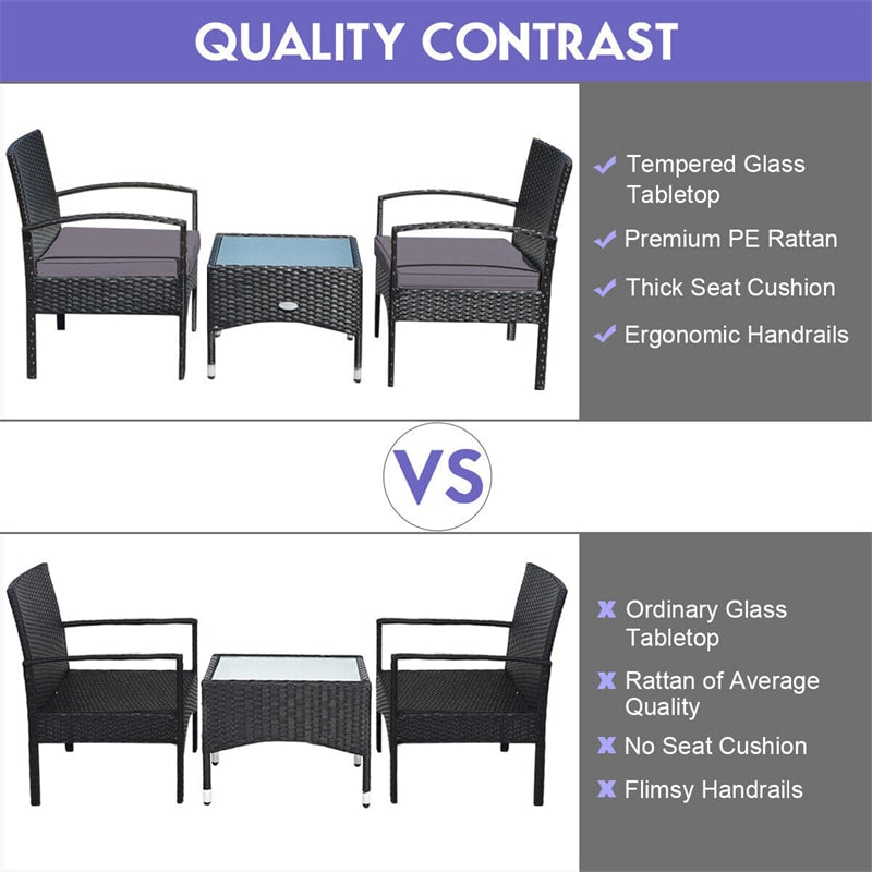 Bestoutdor 3 Pcs Patio Wicker Rattan Bistro Set Coffee Table & 2 Chairs with Cushions - Bestoutdor