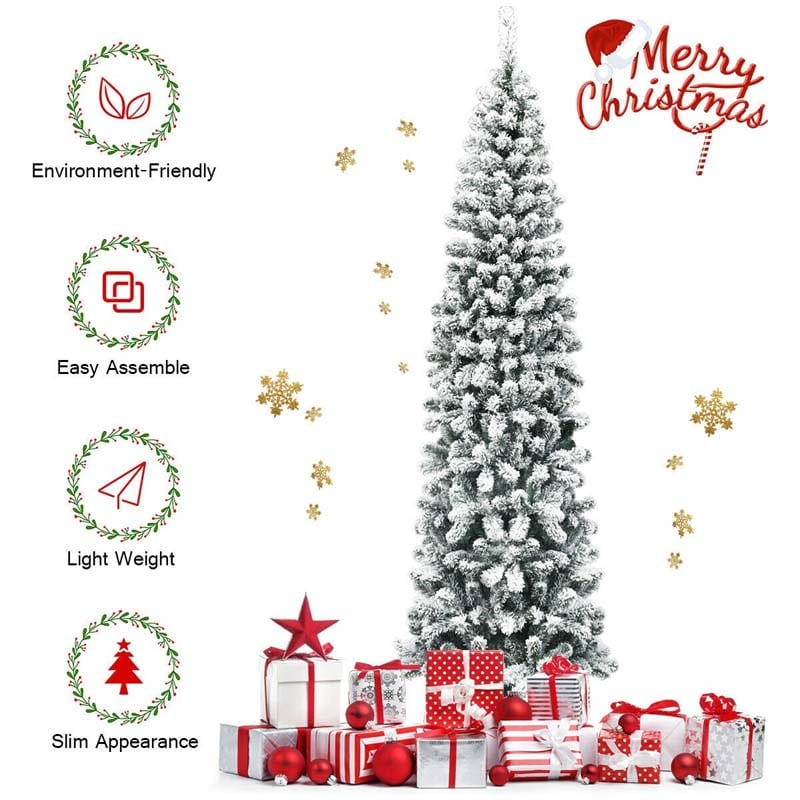 7.5FT Unlit Hinged Snow-flocked Artificial Pencil Christmas Tree with 641 Tips
