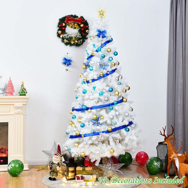 7FT White Artificial Christmas Tree PVC Hinged Pine Snow-flocked Xmas Tree with Metal Stand
