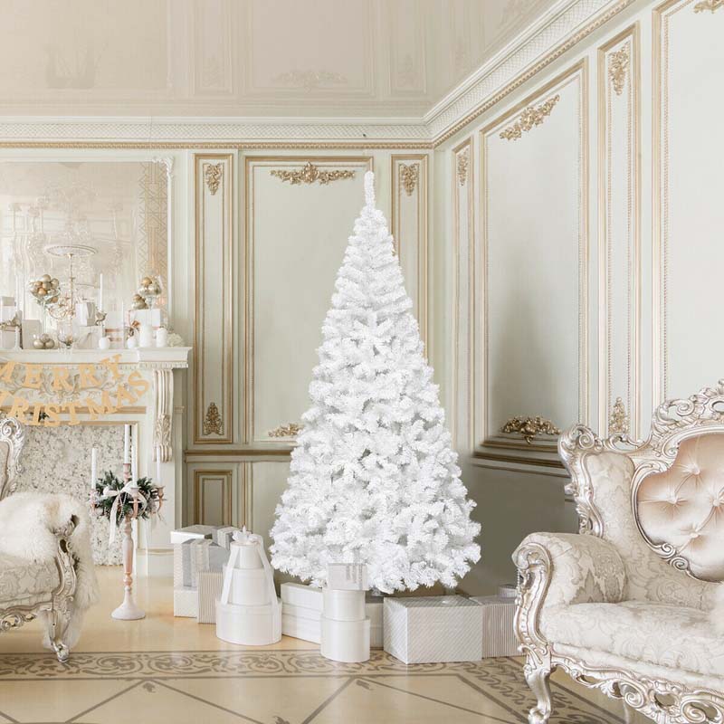 7FT White Artificial Christmas Tree PVC Hinged Pine Snow-flocked Xmas Tree with Metal Stand