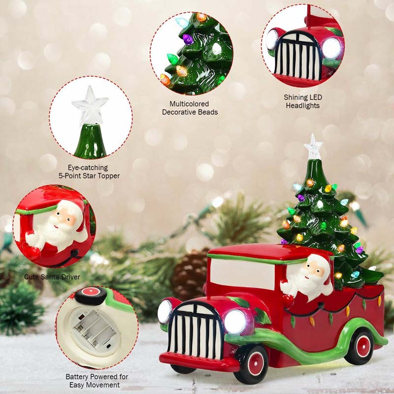 Vintage Tabletop Pre-Lit Ceramic Red Truck with Christmas Tree