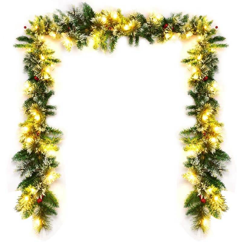 9FT Pre-lit Snow Flocked Tips Christmas Garland with Red Berries 50 Lights