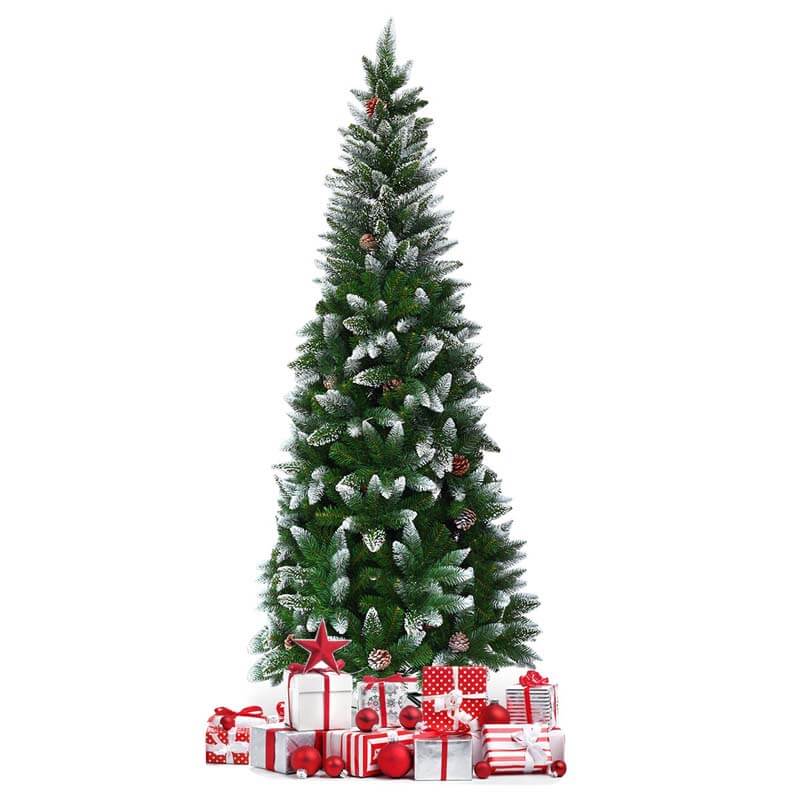 6FT Unlit Snow Flocked Christmas Tree Slim Artificial Pencil Xmas Tree with Pine Cones & Metal Stand