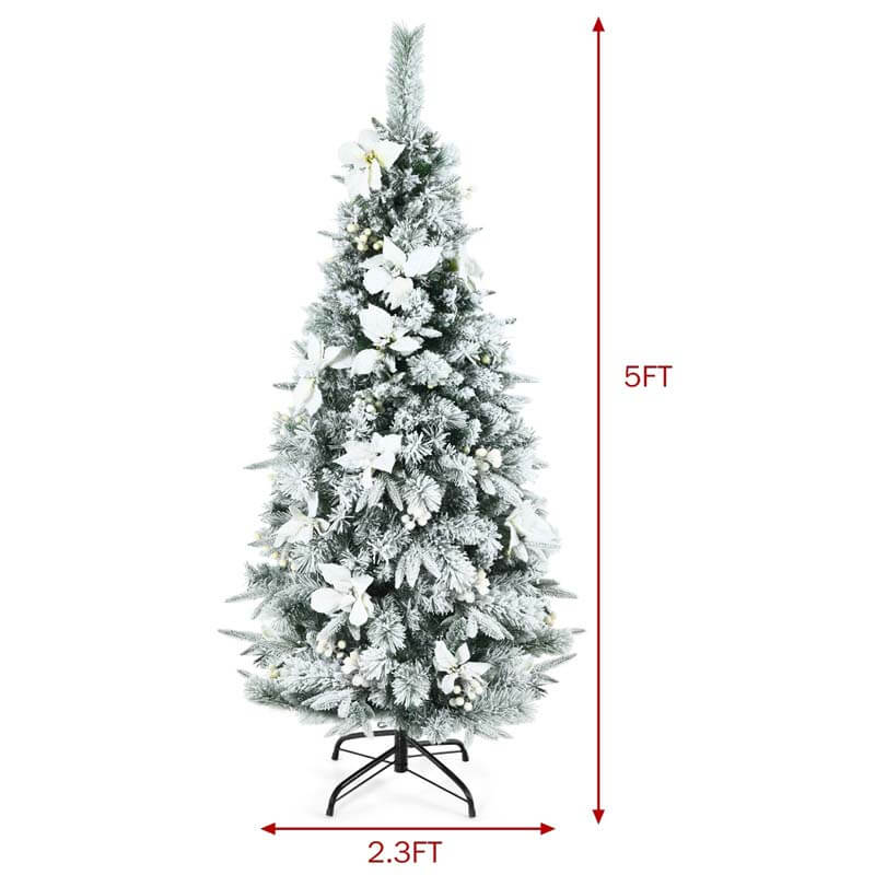 5FT Snow Flocked Pencil Christmas Tree with Berries and Poinsettia Flowers