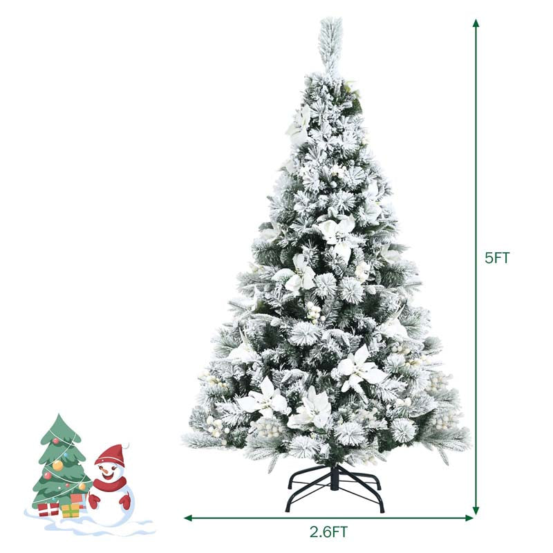 5FT Snow Flocked Hinged Christmas Tree with Berries and Poinsettia Flowers