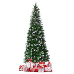 7.5FT Unlit Snow Flocked Christmas Tree Slim Artificial Pencil Xmas Tree with Pine Cones & Metal Stand