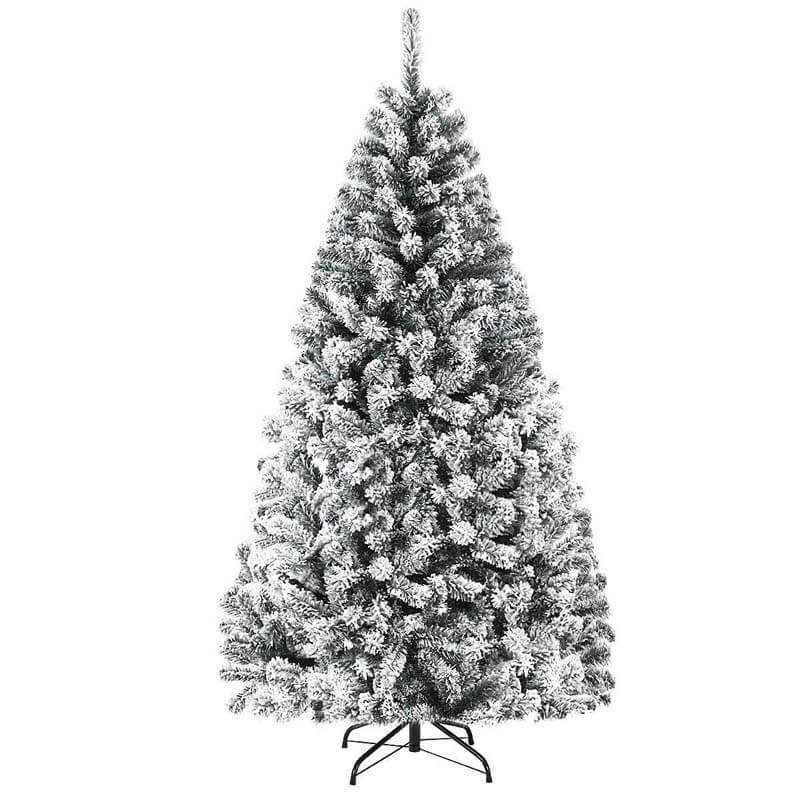 6 FT Snow Flocked Christmas Tree Hinged Artificial Xmas Tree with Metal Stand for Indoor & Outdoor Decors