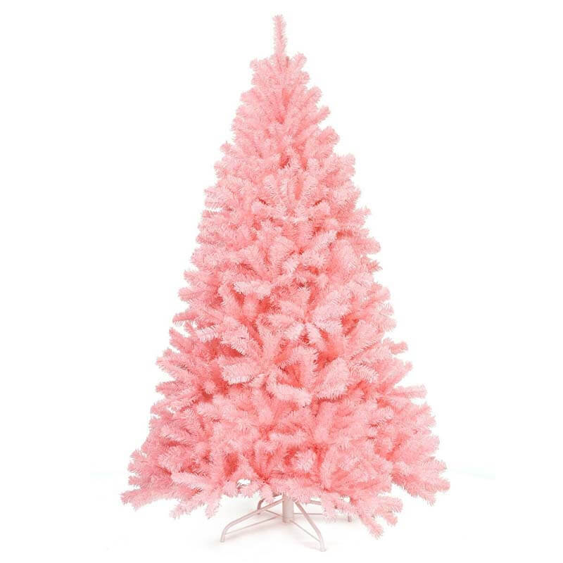 6FT Pink Christmas Tree Artificial Hinged Spruce Full Xmas Tree with Foldable Metal Stand