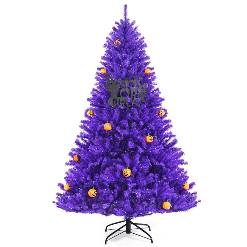 6FT Artificial Prelit Purple Halloween Tree with Orange Lights & Pumpkin Ornaments