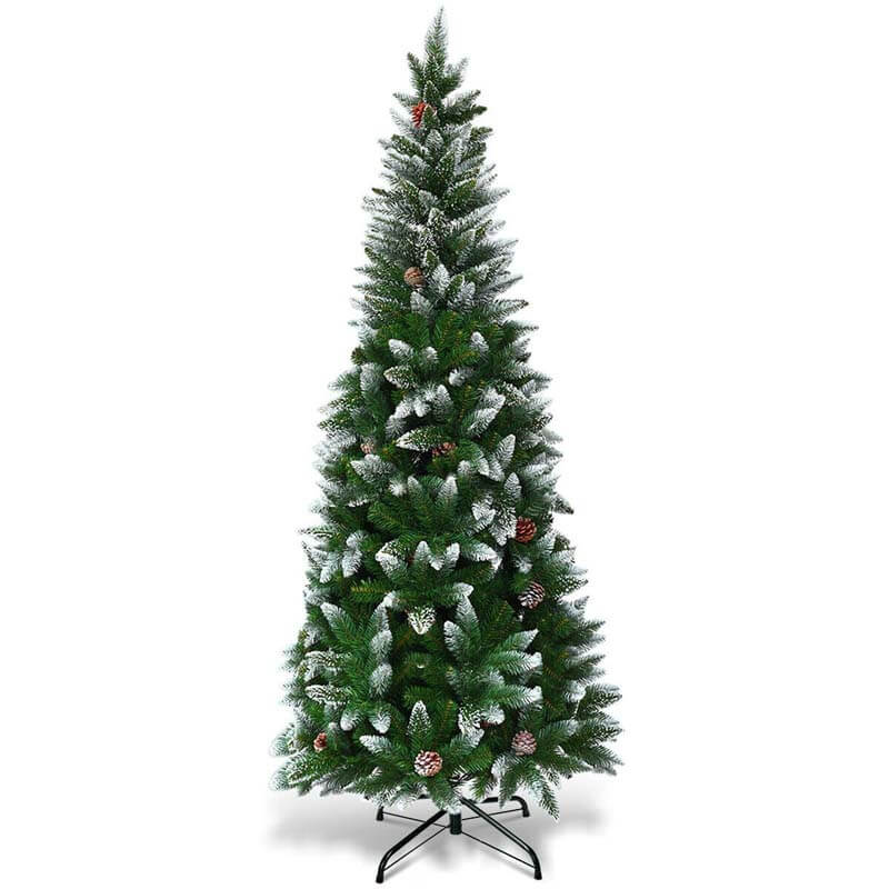 5FT Unlit Snow Flocked Christmas Tree Slim Artificial Pencil Xmas Tree with Pine Cones & Metal Stand
