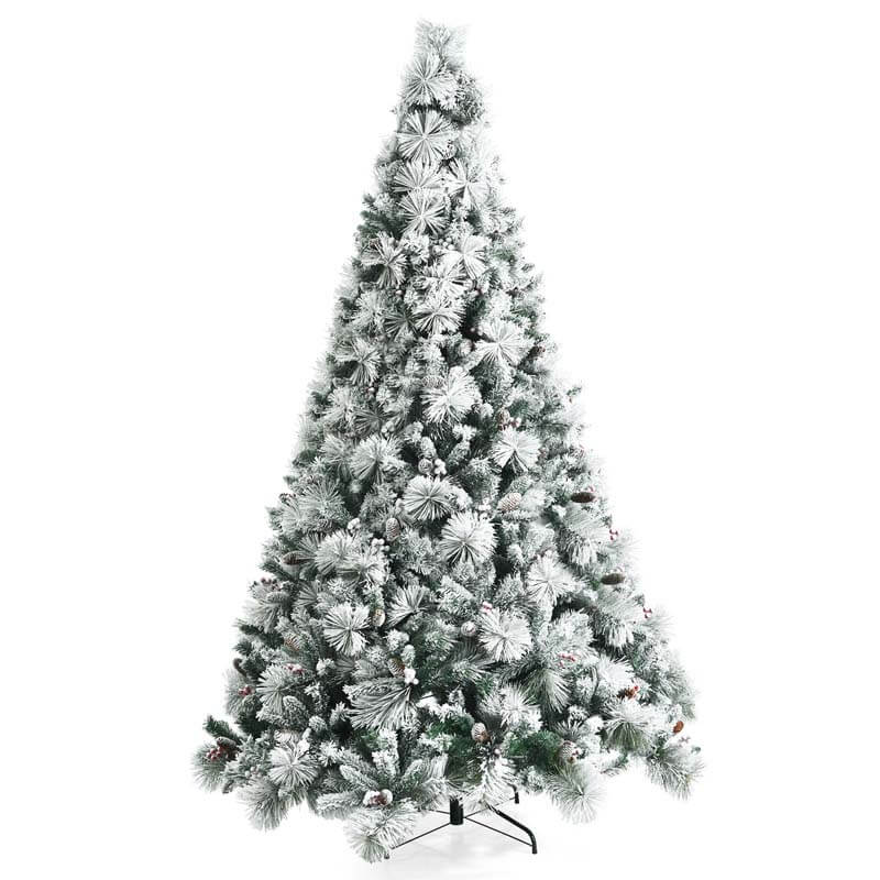 8FT Snow Flocked Christmas Tree Glitter Tips with Pine Cone and Red Berries