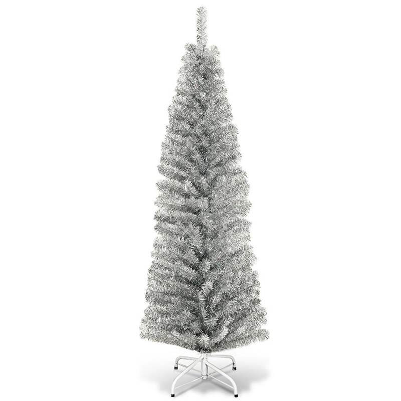 6 Ft Tinsel Pencil Christmas Tree Slim Artificial Xmas Tree Electroplated Technology for Indoors Outdoors