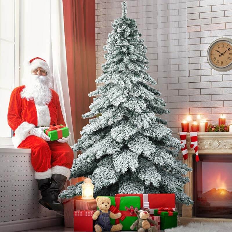 7.5 ft Snow Flocked Artificial Christmas Tree Hinged Alaskan Pine Tree with Solid Metal Stand